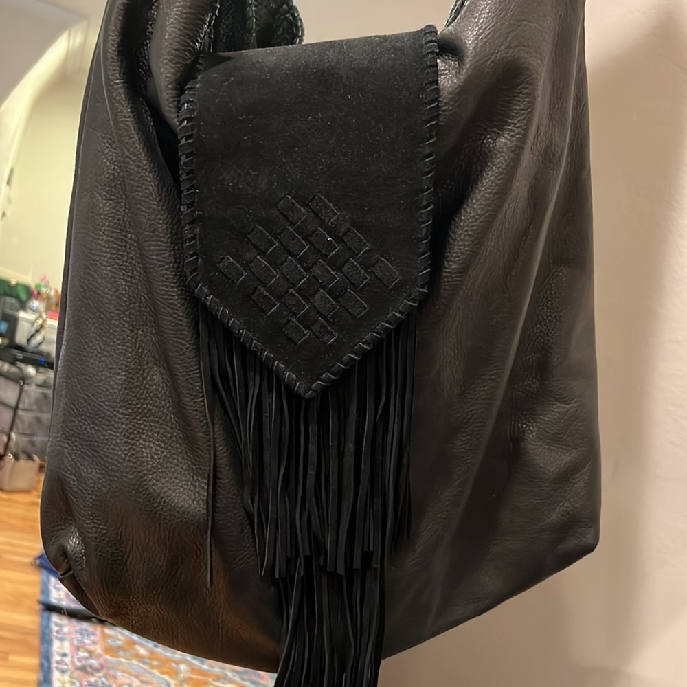 Margot large black leather shoulder fringe bag
